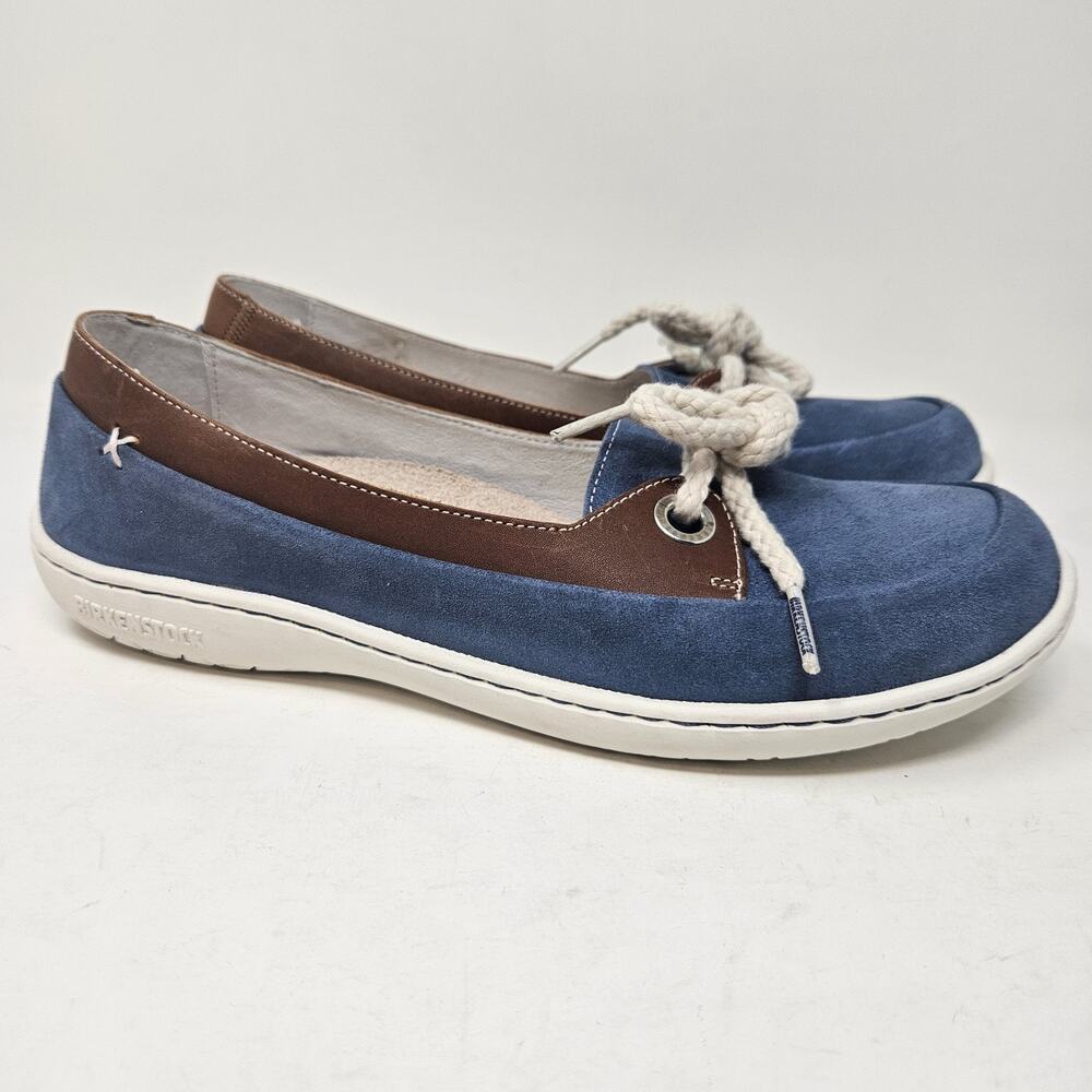 Birkenstock Brown And Blue Suede Leather Accented Lace-Trim Slip-On Flats